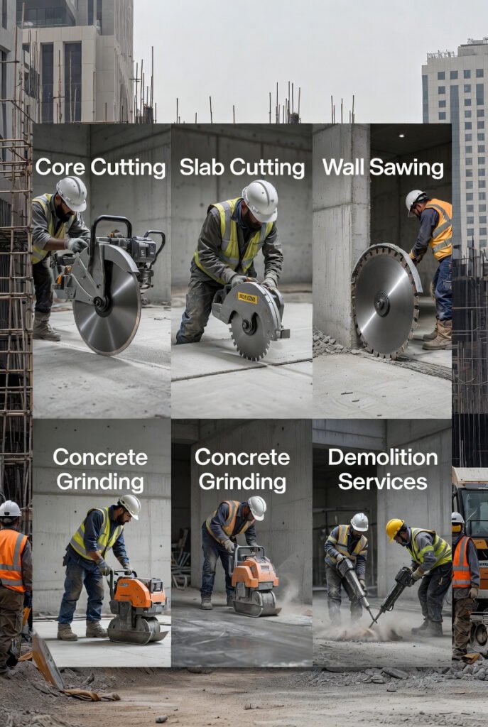 Concrete core cutting, slab cutting, wall sawing and demolition services in Dubai and UAE