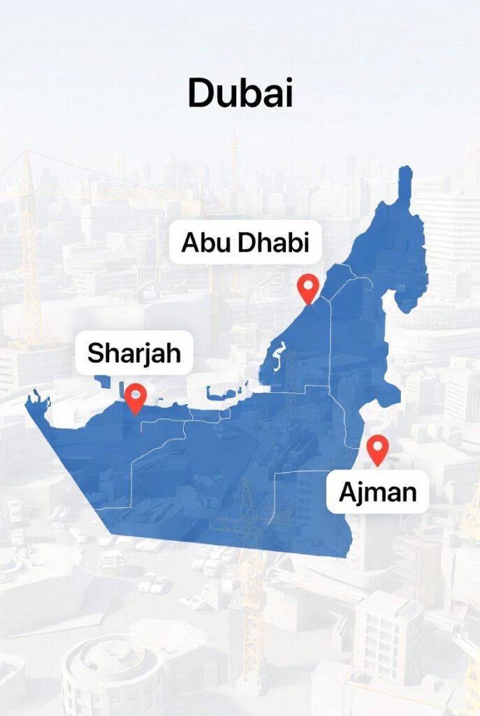 Map showing concrete cutting services coverage in Dubai, Abu Dhabi, Sharjah and Ajman