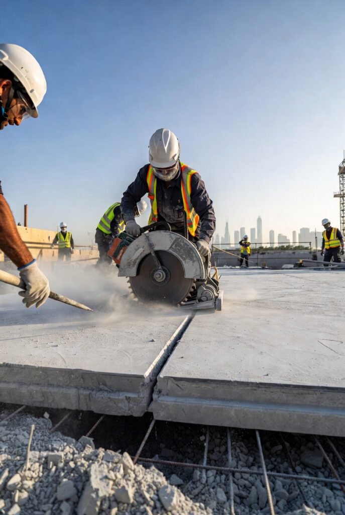 Professional slab cutting service in Dubai using diamond floor saw for concrete floor cutting