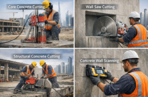 Trusted concrete cutting company in Dubai showing core concrete cutting, wall saw cutting, structural concrete cutting and concrete wall scanning services